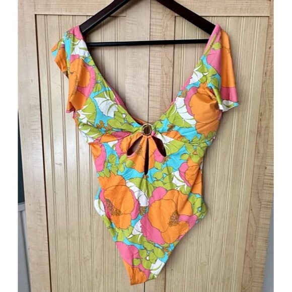 $162 NWT Trina Turk PLAYA DE FLOR PLUNGE MAILLOT Swimsuit Sz 14 Flutter Sl 1 Pc - Picture 2 of 8